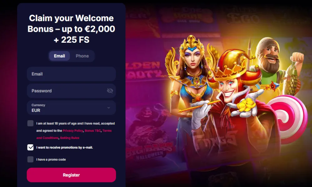 Formular de înregistrare NV Casino și ofertă promoțională de bonus de bun venit